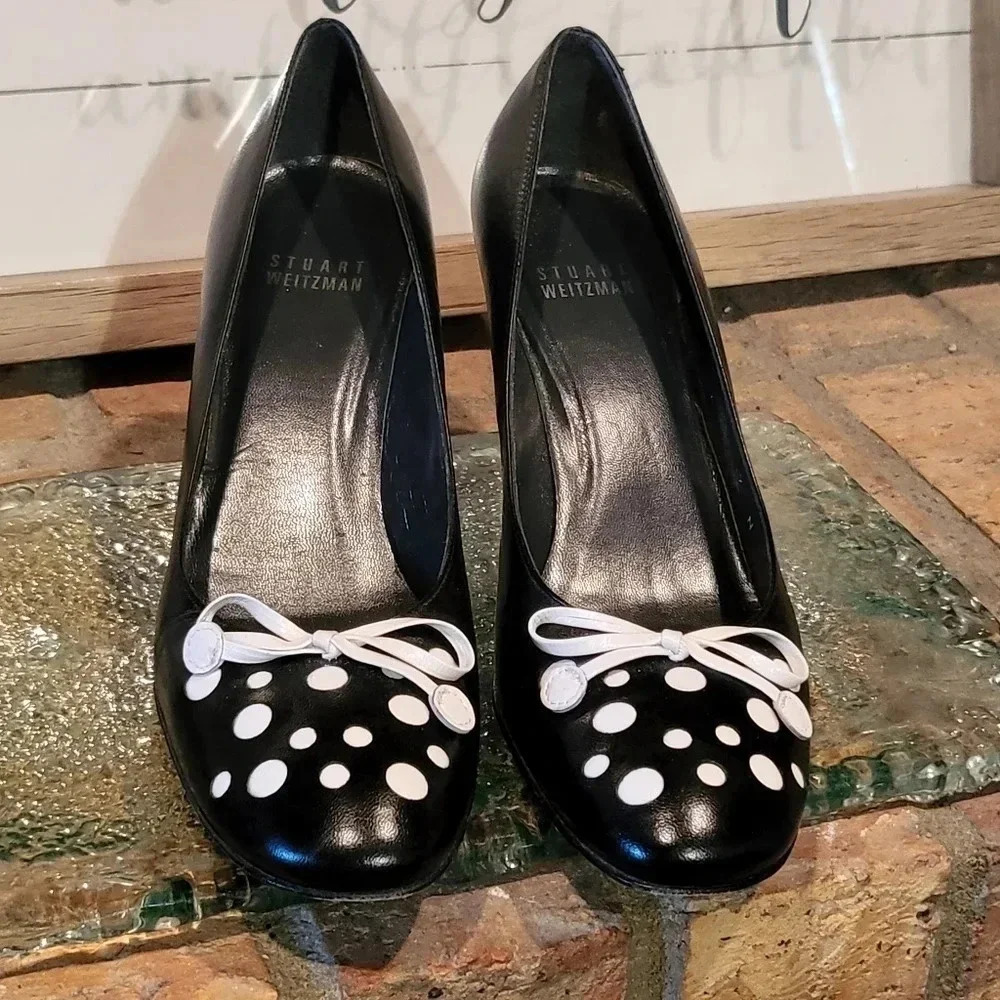Stuart Weitzman 'Circles' Heels Leather Polka Dot Bow Wmns Sz 7 Narrow 5W630481